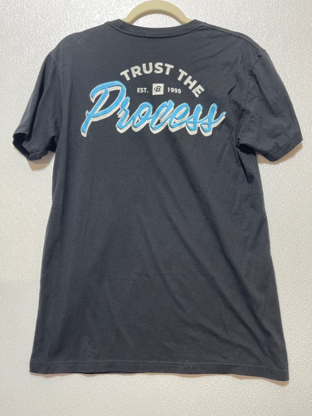5/$25 Black Short Sleeve Crew Neck Tee with Blue Script Chest Logo